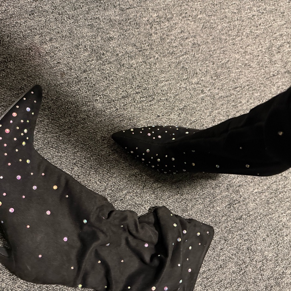 Rhinestone decor, slouch Elegant Black Studded Women's Boots - Picture 7 of 8